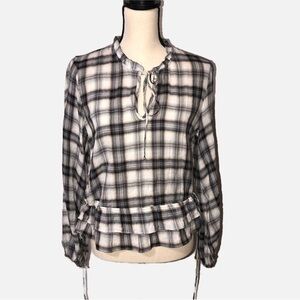 Plaid Top Size Small Tie Front Lightweight Peplum Long Sleeve Shirt Lovestitch